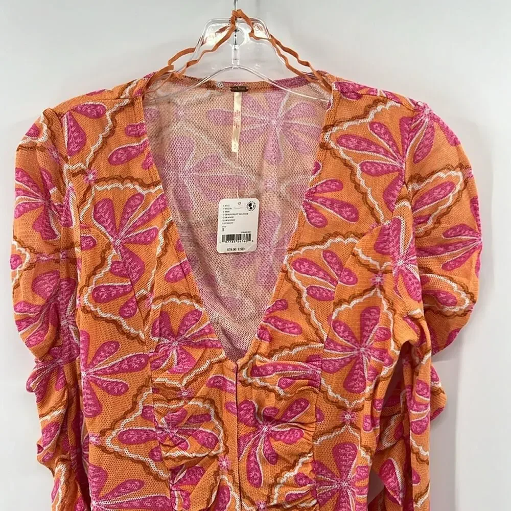 Free People Through the Meadow Ruched Mesh Top - Grapefruit Seltzer - S - NWT
